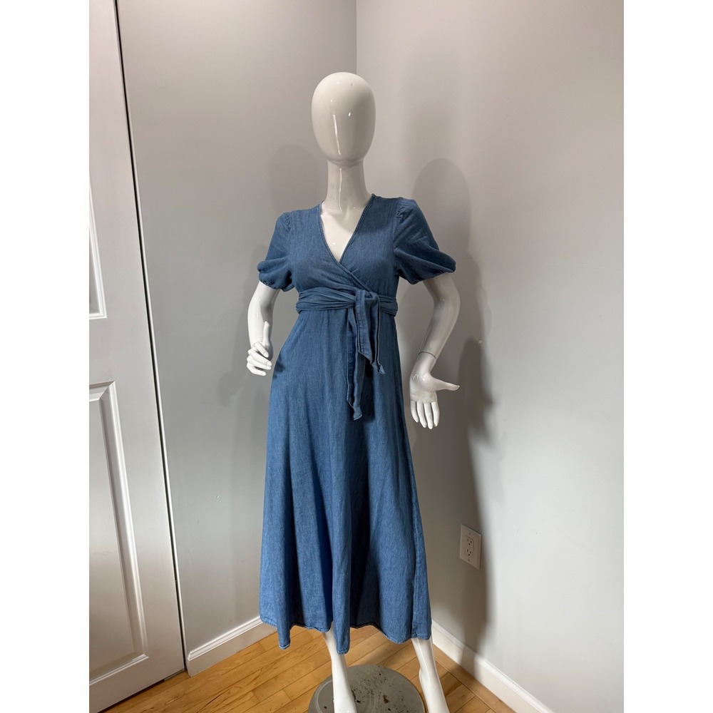 Old Navy Chambray Wrap Midi Dress Blue Puff Sleeve Tie Waist 100% Cotton size S - Picture 8 of 11